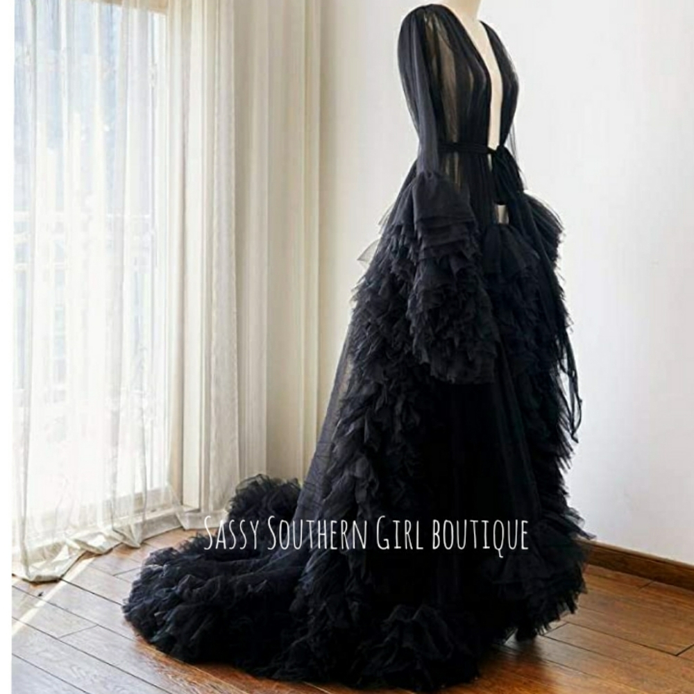 🆕⭐ Black luxurious ruffle tulle photoshoot robe